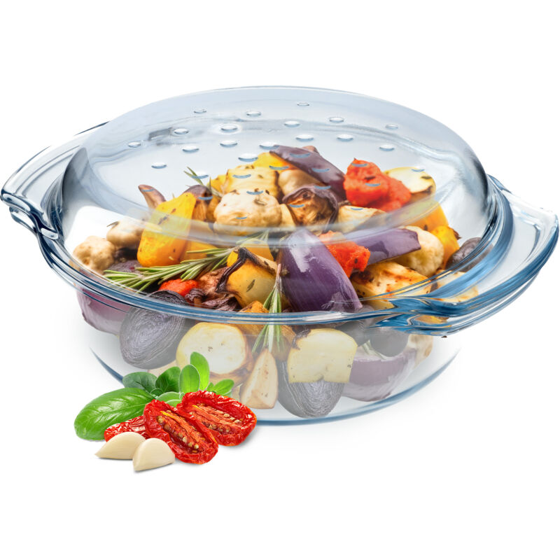 foto del prodotto pirofila per gratin in vetro resistente al calore con coperchio e manici, casseruola trasparente ideale per cuocere al forno rotondo, 2,4 l kadax