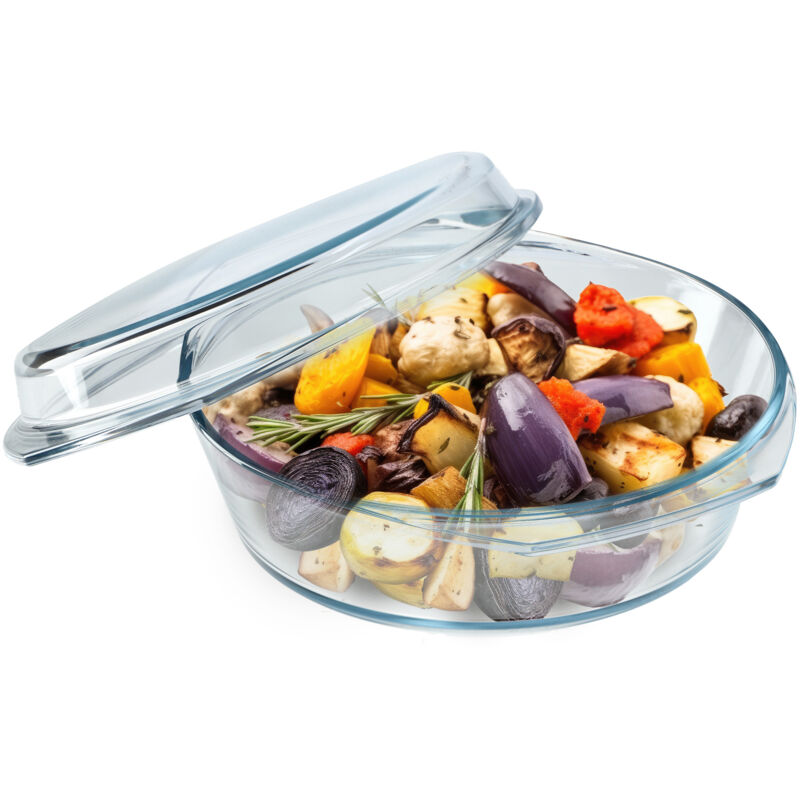 foto del prodotto pirofila per gratin in vetro resistente al calore con coperchio e manici, casseruola trasparente ideale per cuocere al forno rotondo, 2,8 l kadax