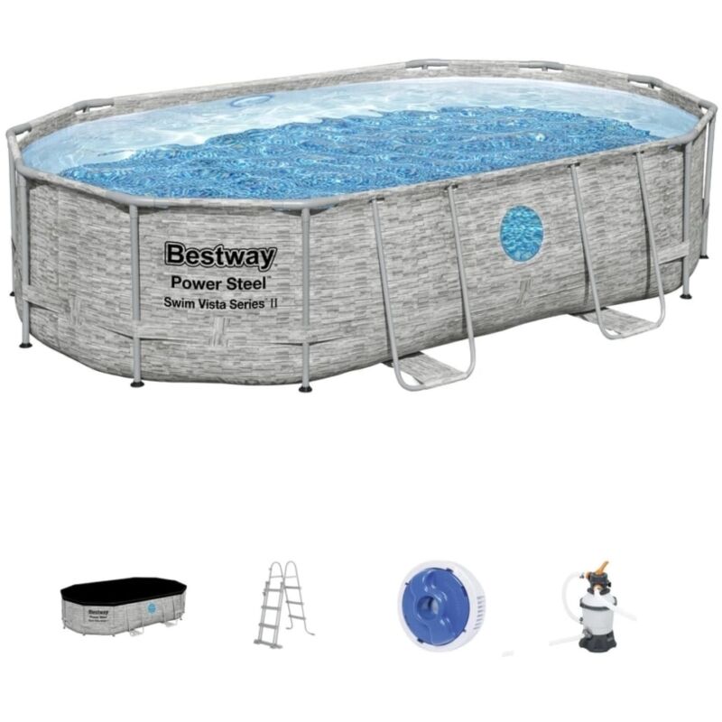 foto del prodotto piscina fuori terra con struttura ovale bestway power steel swim vista con oblo effetto pietra 488x305x107 cm