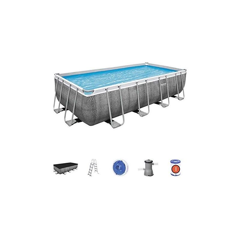 foto del prodotto piscina fuori terra con struttura rettangolare bestway power steel frame con copertura, filtro, scala e chemconnect effetto rattan 488x244x122 cm