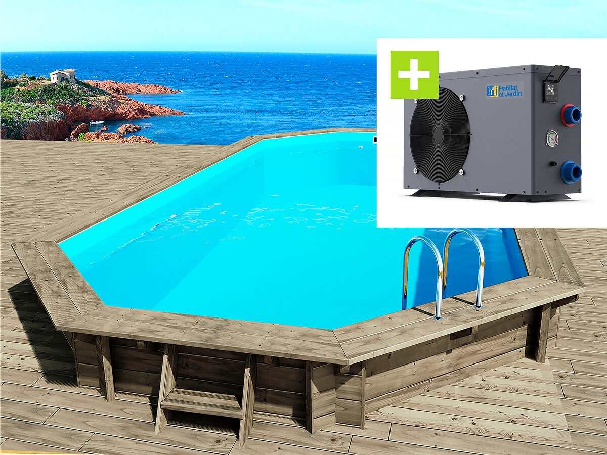 foto del prodotto piscina in legno quot cancun quot 6,53 x 4,41 x 1,45 m pompa di calore reversibile on off quot simplicity by hayward quot 5 kw bianco