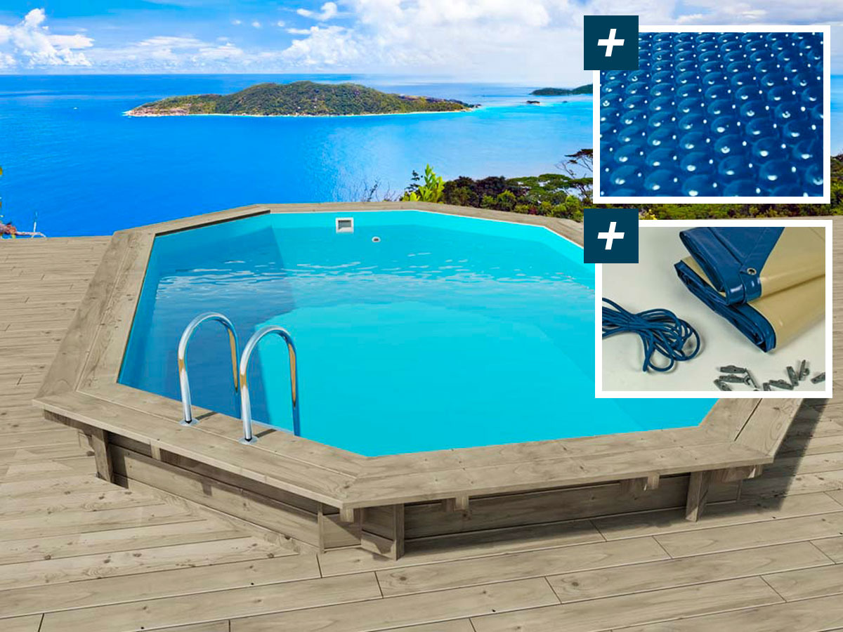 foto del prodotto piscina in legno quot florida quot 6,57 x 4,57 x 1,31 m copertura a bolle 180 copertura invernale 280 gr m .