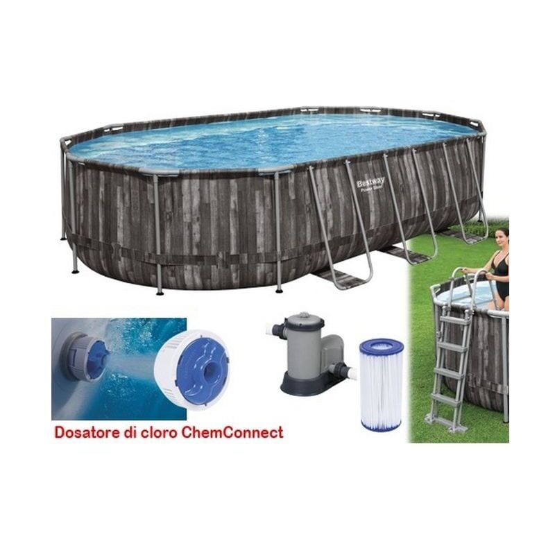 foto del prodotto piscina ovale fuori terra steel simil legno bestway 610x366xh122 5611r pompa, dosatore, scaletta e telo