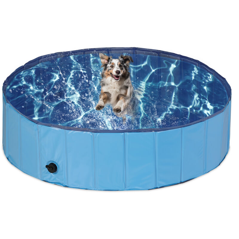 foto del prodotto piscina per cani taglia media, 30x120 cm, piscinetta pieghevole con scarico, bagno in giardino, pvc, mdf, blu relaxdays