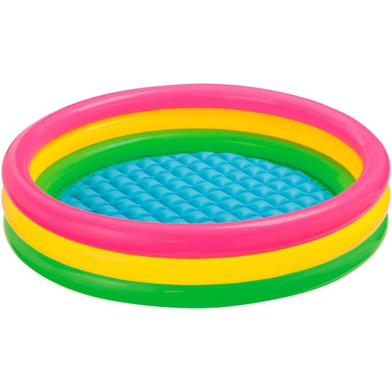 foto del prodotto piscine illuminate dal sole al tramonto, piscine esterne per bambini, piscine gonfiabili in giardino, piscine interne con palline da mare.