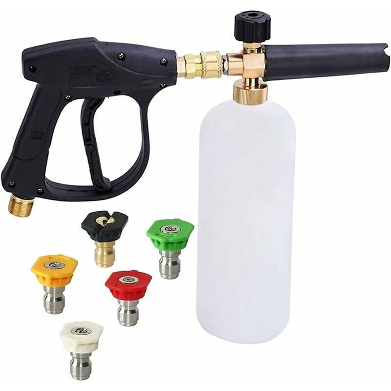 foto del prodotto pistola a schiuma ad alta pressione, lancia per schiuma da neve regolabile da 1 litro, erogatore di sapone con 5 ugelli e pistola a schiuma per