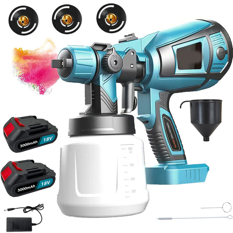 foto del prodotto pistola a spruzzo, 1000ml hvlp batteria pistola a spruzzo, airless pistola a spruzzo 2 batterie 3.0ah caricabatterie, compatibile con le batterie