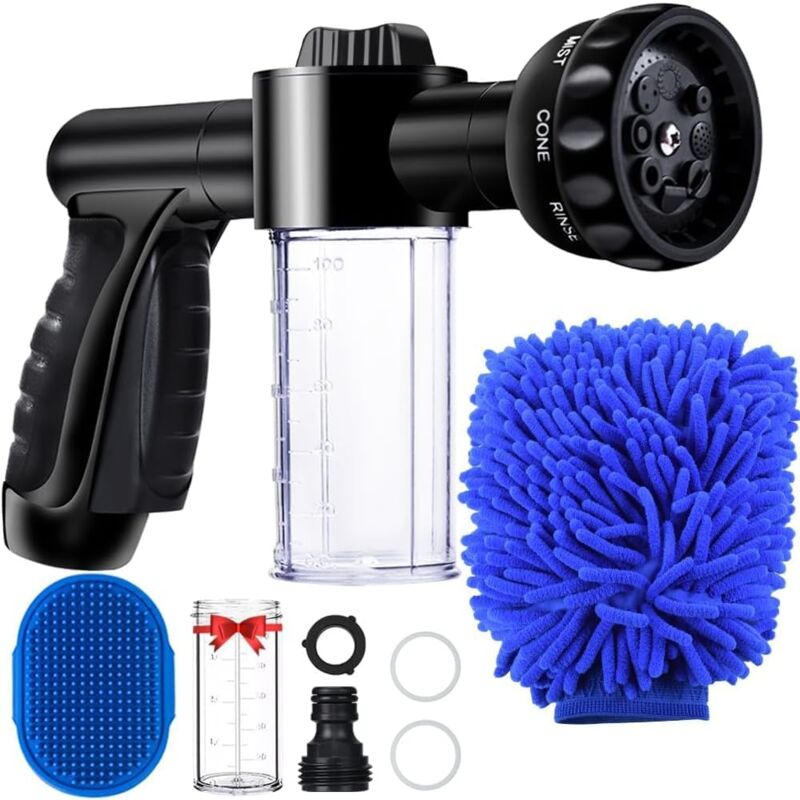 foto del prodotto pistola a spruzzo per tubo da giardino con serbatoio per sapone, 8 modalit , pistola a spruzzo per acqua schiumosa da giardino per lavaggio auto,