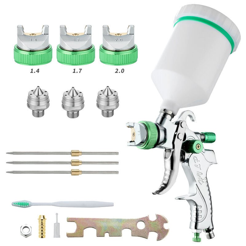 foto del prodotto pistola a spruzzo per vernice ad alta pressione professionale kit pistola a spruzzo ad aria hvlp, 600 cc, 3 dimensioni di ugello