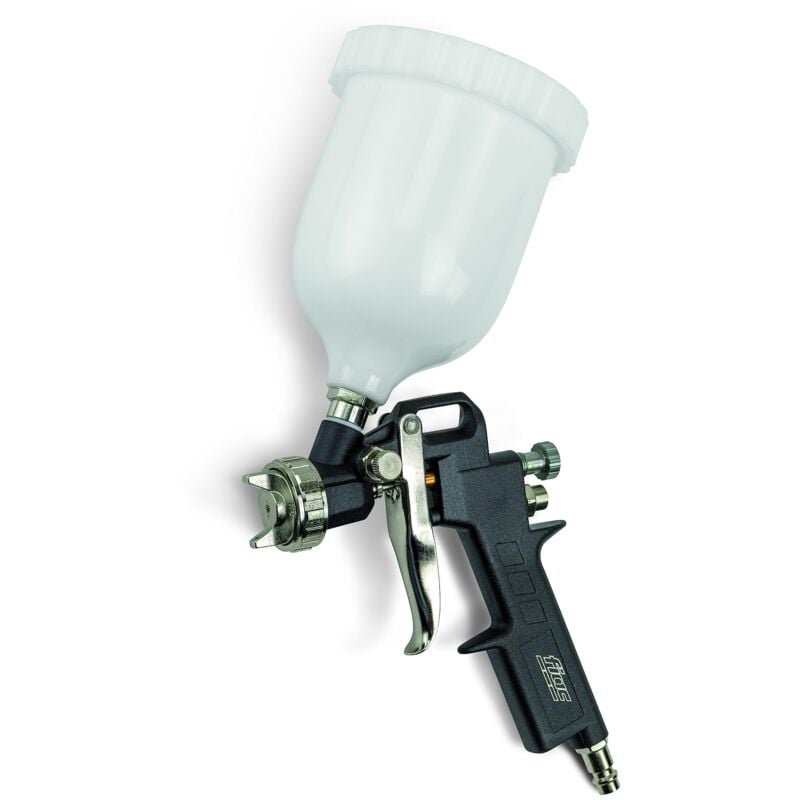foto del prodotto pistola a spruzzo per verniciare modello 1860, aerografo con serbatoio per vernice da 600ml, ugello da 1.5 mm, getto a rosa o piatto, pressione max 4