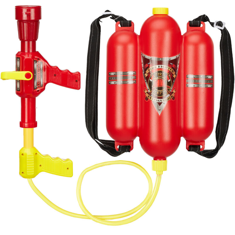 foto del prodotto pistola ad acqua, cannone sparacqua, pompieri, serbatoio, capacit 2,5 l, getto 5 m, 2 gettiti, giallo rosso relaxdays