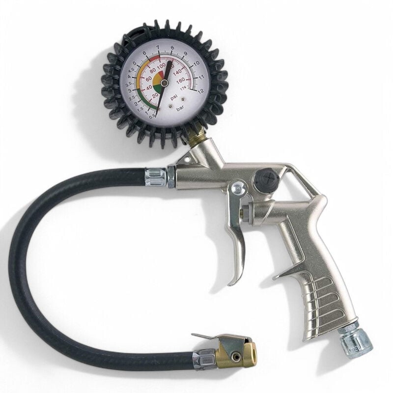 foto del prodotto pistola gonfiaggio aria con tubo pvc 400 mm corpo alluminio manometro 60 mm scala 0 12 bar leva e pulsante scarico