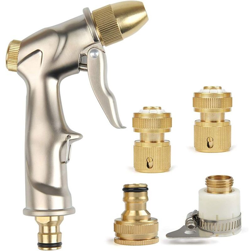 foto del prodotto pistola per irrigazione con tubo da giardino ad alta pressione con lancia in bronzo, spruzzatore manuale per lavare irrigare prati e giardino con 4