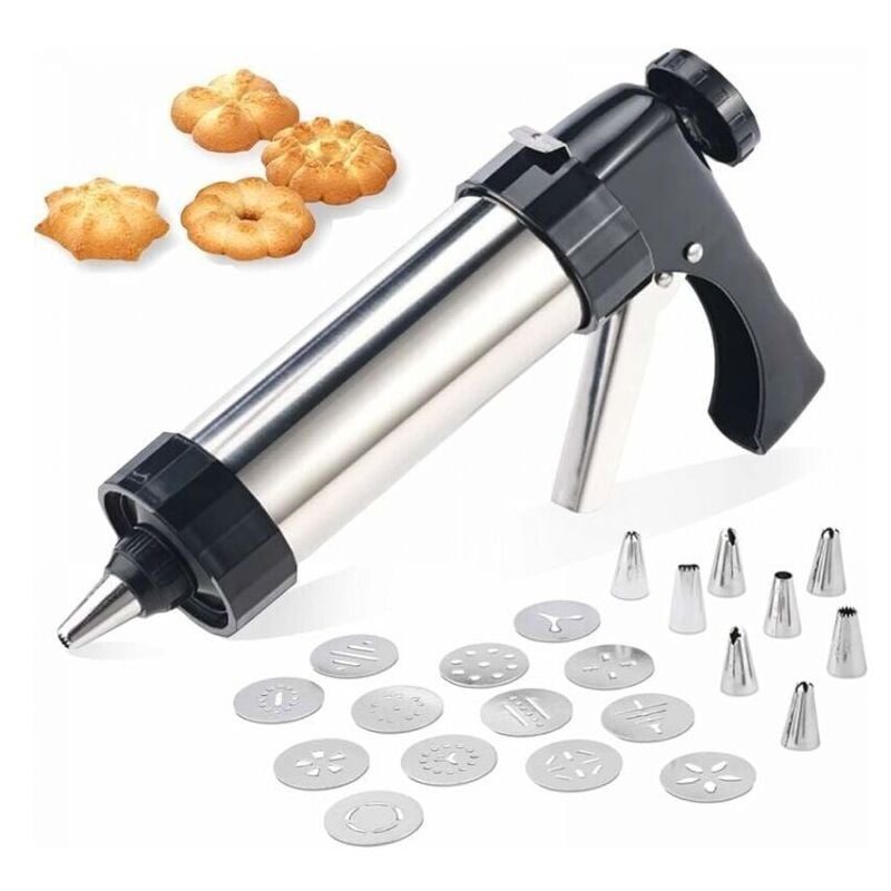 foto del prodotto pistola per pasticceria professionale in acciaio inox con 13 dischi per biscotti e 8 ugelli per preparare biscotti e torte ymyny