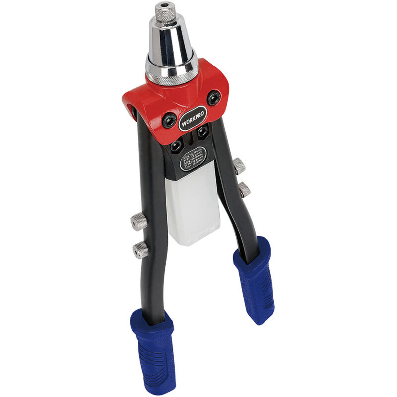 foto del prodotto pistola per rivettare a mano de 400 mm, rivettatrice per impieghi gravosi con 5 teste di rivetto intercambiabili 5 naselli e 100 rivetti, set di