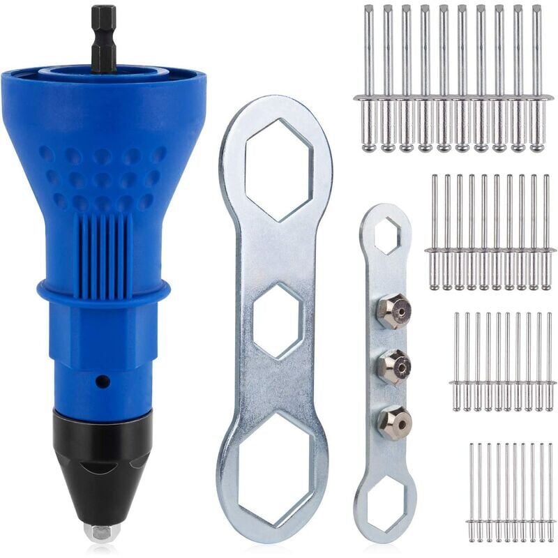 foto del prodotto pistola per rivetti per trapano elettrico a batteria, rivettatrice a batteria, adattatore per dadi, con 3 teste convertibili 40 rivetti pop