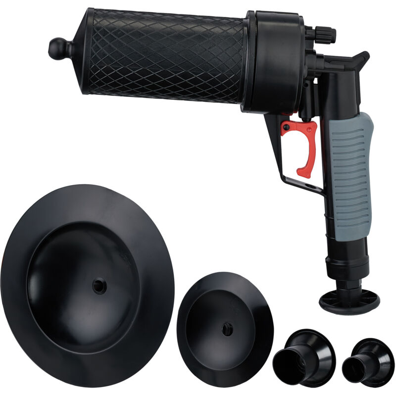 foto del prodotto pistola sturalavandini ad aria compresa, stura lavandini e scarichi, 4 inserti, pompa sturatubi e water, nero relaxdays