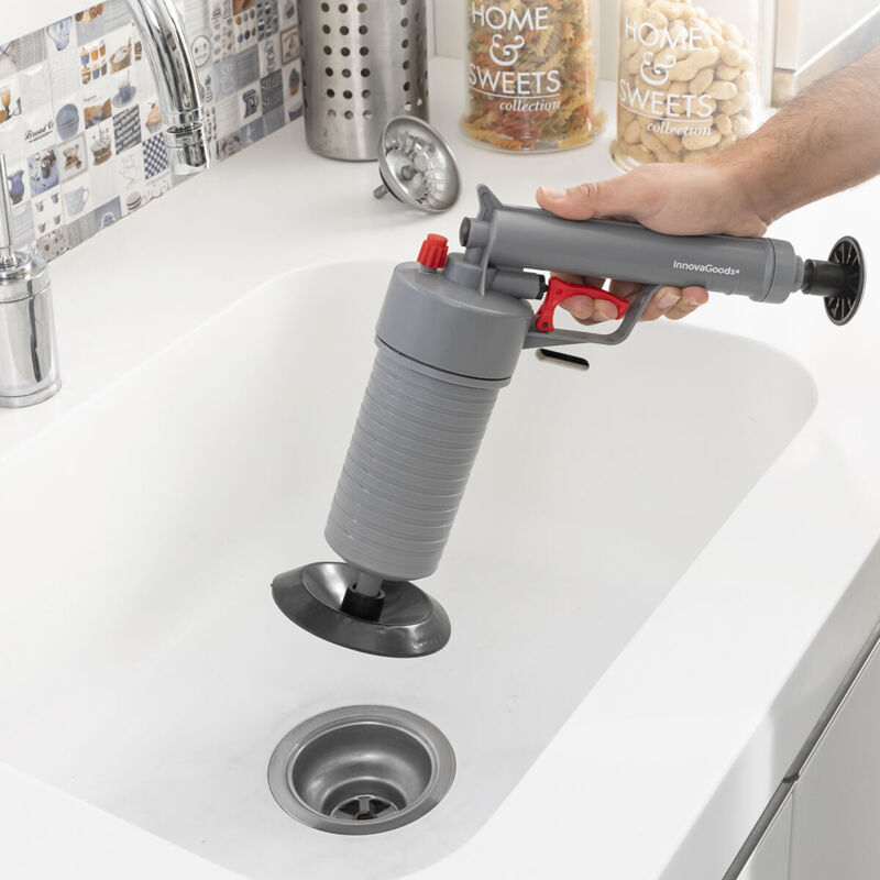 foto del prodotto pistola sturalavandini ad aria compressa universale con adattatori klingun innovagoods