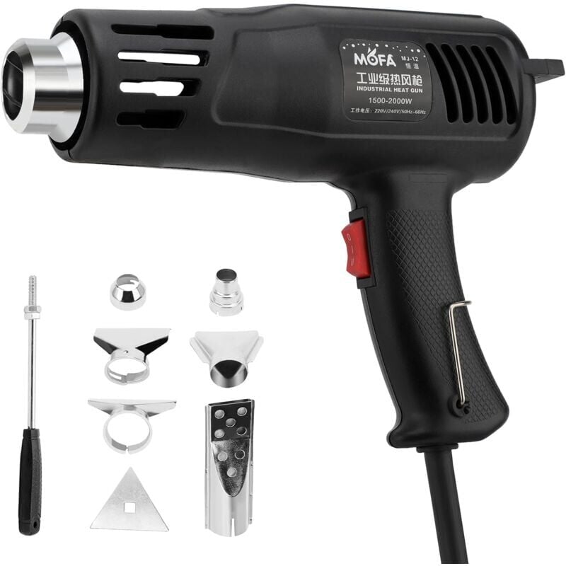 foto del prodotto pistola termica da 1200 w, pistola termica con doppia temperatura da 150 c e 550 c, 7 ugelli, protezione da sovraccarico, impugnatura antiscivolo,