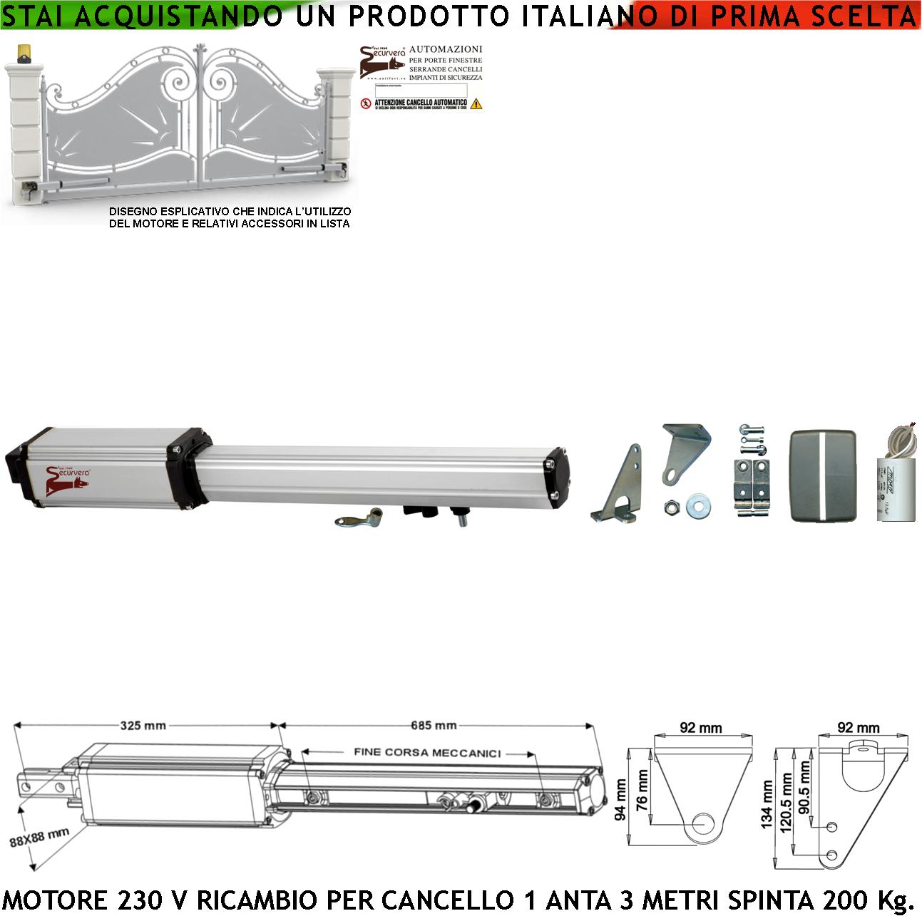 foto del prodotto pistone cancello automatico 1 anta da 3 metri motore elettromeccanico 220 v corsa 500 mm sblocco a chiave ricambio automazione originale securvera finecorsa meccanici completo di staffe bulloni condensatore 16 f 400 v misure 1010x88x88 mm