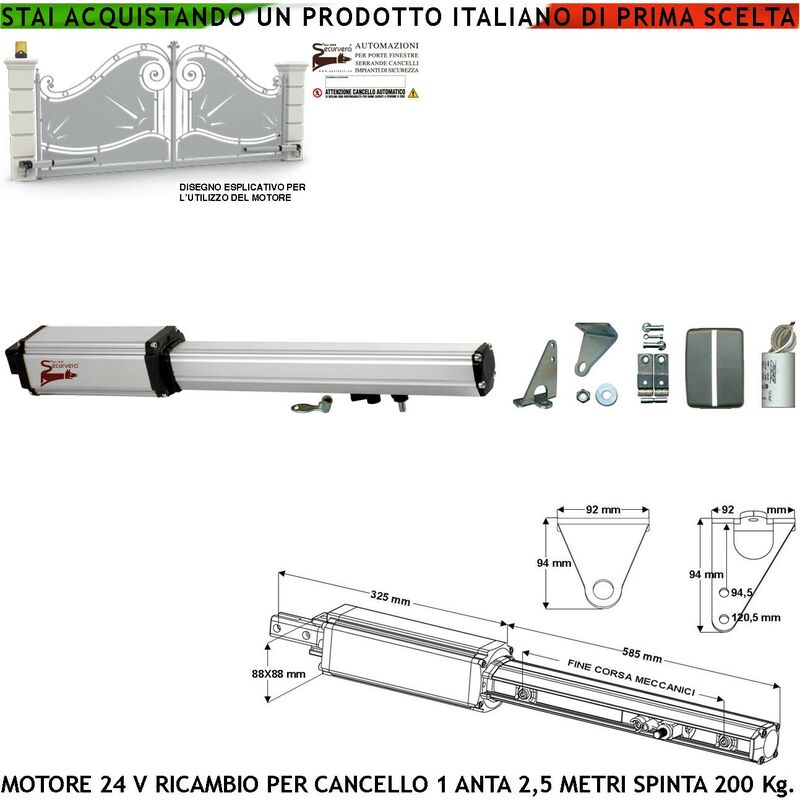 foto del prodotto pistone cancello automatico 2,5 metri motore 24 vcc corsa 400 mm con sblocco a chiave ricambio automazione originale securvera con finecorsa
