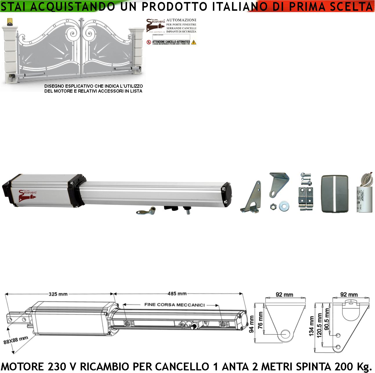 foto del prodotto pistone cancello automatico 2 metri motore 220 v corsa 300 mm con sblocco a chiave ricambio automazione originale securvera con finecorsa meccanici completo di staffe bulloni condensatore 16 f 400 v misure 810x88x88 mm normative aggiornate