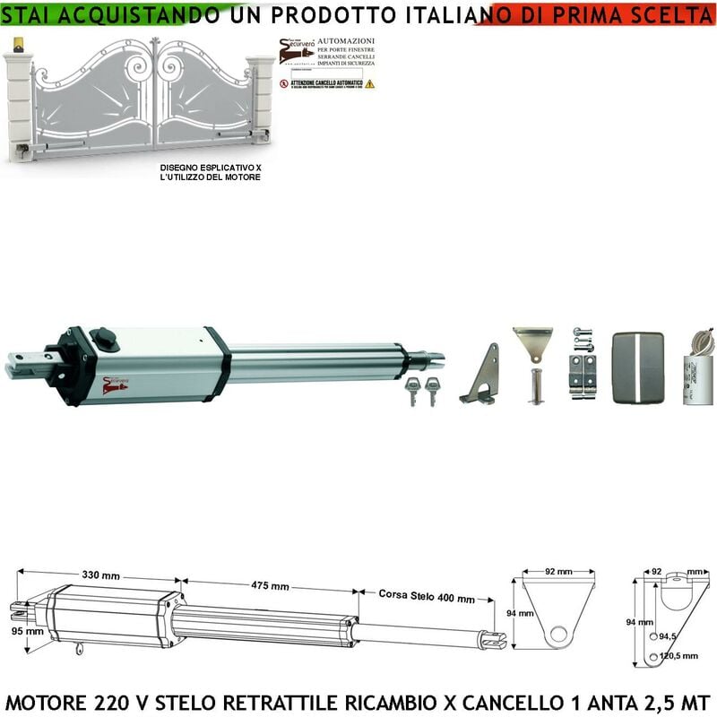 foto del prodotto pistone elettromeccanico 230 v stelo retrattile corsa 400 mm 220 v per cancello battente anta 2,5 metri spinta 250 kg sblocco a chiave ricambio