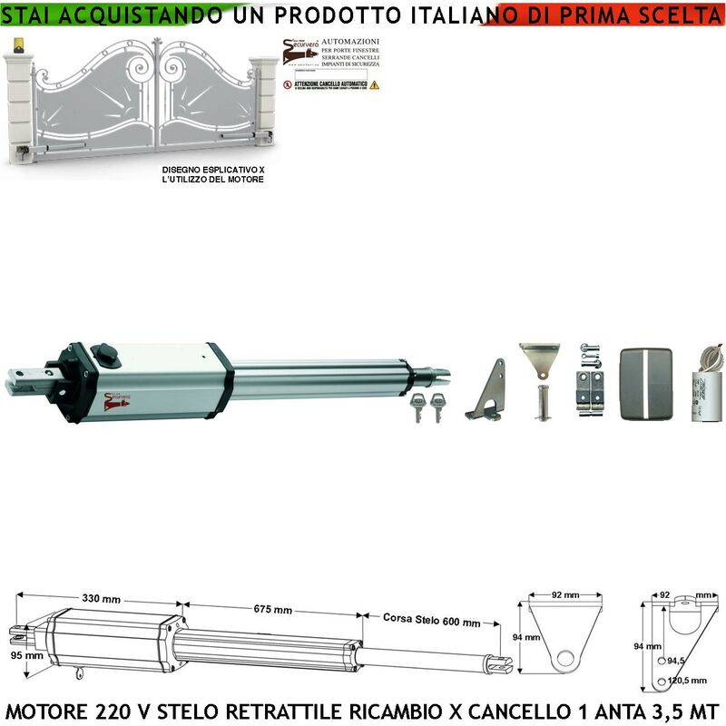 foto del prodotto pistone elettromeccanico 230 v stelo retrattile corsa 600 mm 230 v per cancello battente anta 3,5 metri spinta 250 kg sblocco a chiave ricambio