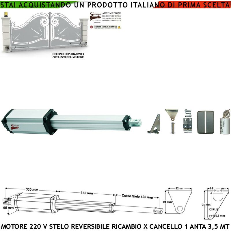 foto del prodotto pistone elettromeccanico stelo retrattile reversibile corsa 600 mm 230 v per cancello battente anta da 3,5 metri spinta 250 kg ricambio universale