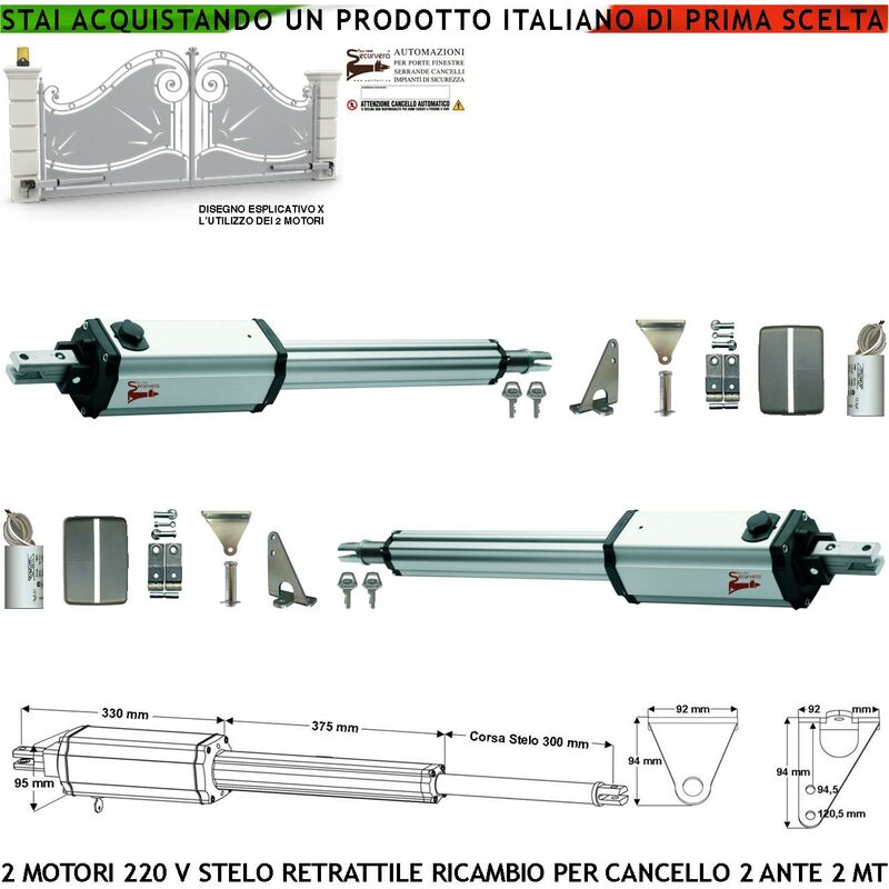 foto del prodotto pistoni elettromeccanici stelo retrattile corsa 300 mm 230 v ricambio universale automazione per cancello battente 4 metri 2 ante da 2 mt spinta 250