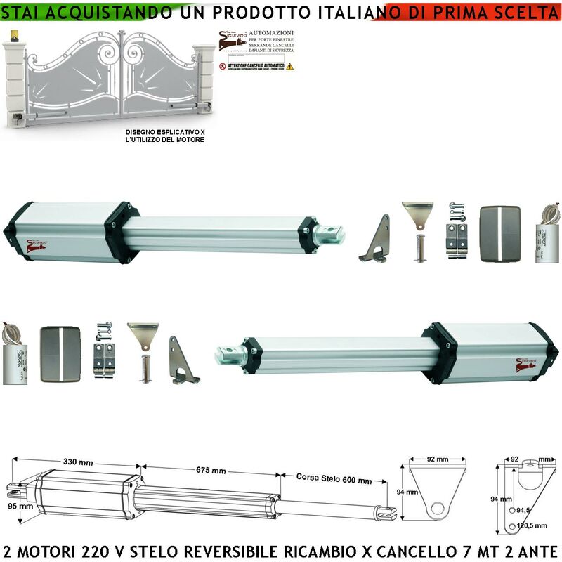 foto del prodotto pistoni elettromeccanici stelo retrattile reversibile corsa 600 mm 230 v per cancello battente 2 ante da 3,5 metri spinta 250 kg ricambio universale