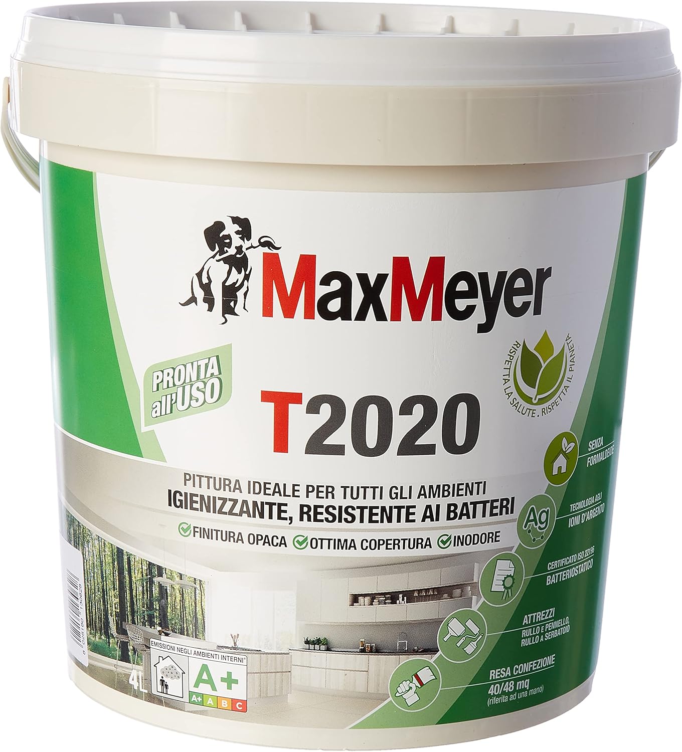 foto del prodotto pittura per interni traspirante igienizzante t2020, colore bianco, 4l