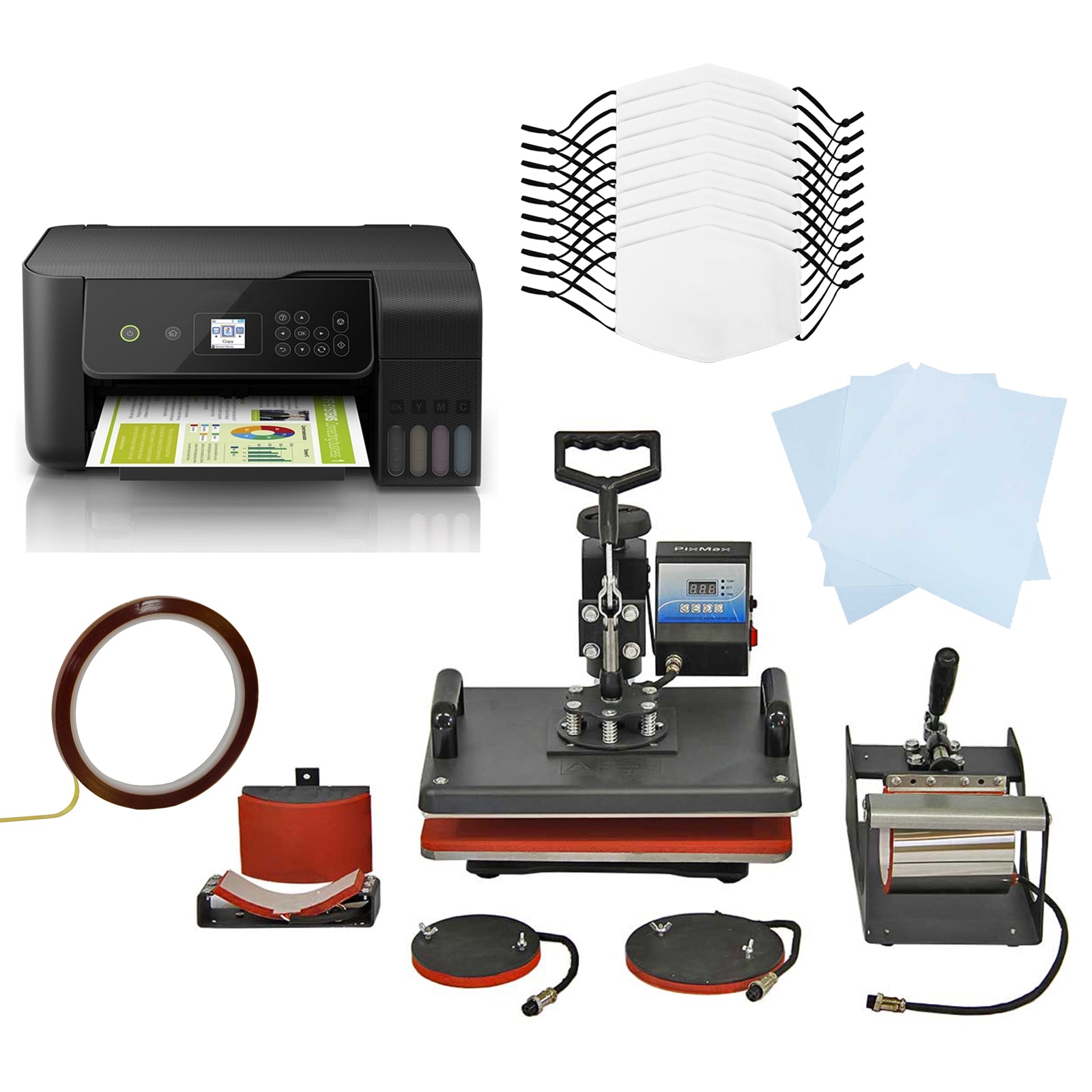 foto del prodotto pixmax kit per sublimazione pressa a caldo termopressa transfer 5 in 1 stampante sublimatica eco tank 10 mascherine personalizzabili