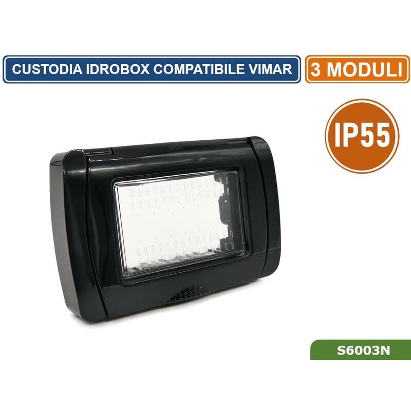 foto del prodotto placca copertura stagna 3m idrobox 3 moduli nera ip55 compatibile serie vimar plana