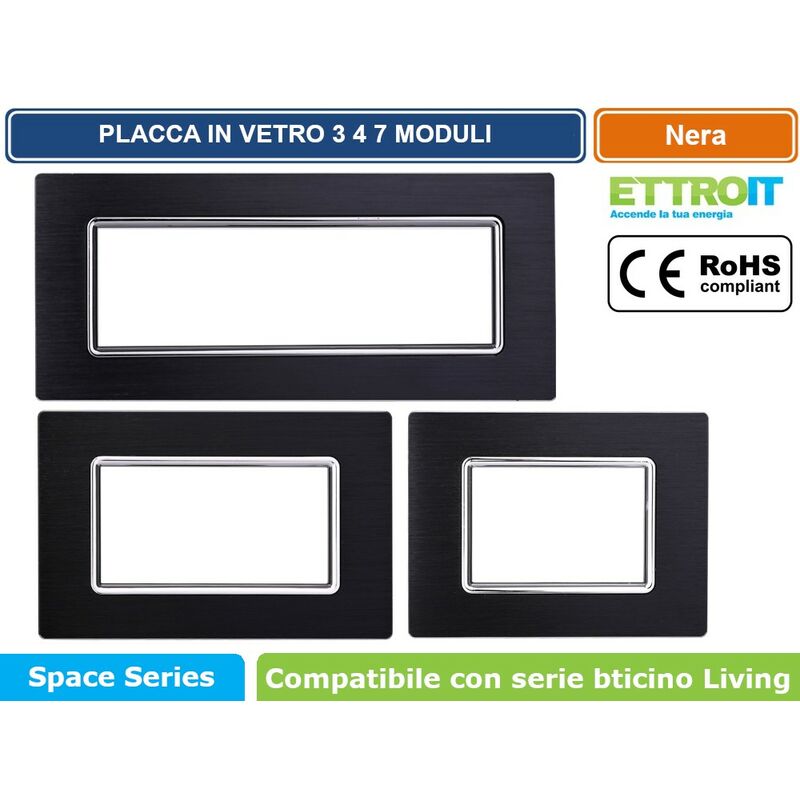 foto del prodotto placca in alluminio colore nero compatibile con serie bticino living 3 4 7 moduli ettroit ln86 numero moduli 7 moduli