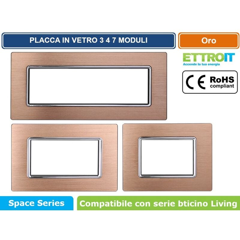 foto del prodotto placca in alluminio colore oro compatibile con serie bticino living 3 - 4 - 7 moduli ettroit ln86 - numero moduli 7 moduli