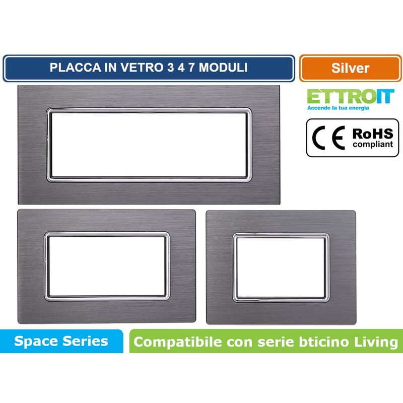 foto del prodotto placca in alluminio colore silver compatibile con serie bticino living 3 4 7 moduli ettroit ln86 numero moduli 7 moduli