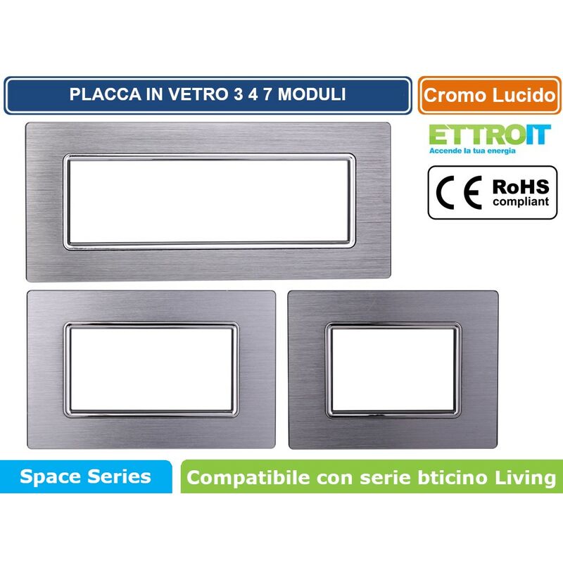 foto del prodotto placca in alluminio colore silver lucido compatibile con serie bticino living 3 4 7 moduli ettroit ln86 numero moduli 4 moduli
