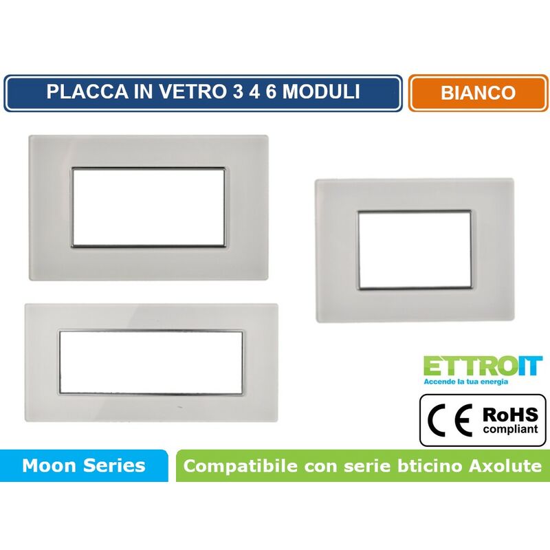 foto del prodotto placca in vetro colore bianco compatibile con serie bticino axolute 3 4 6 moduli ettroit an84 numero moduli 3 moduli