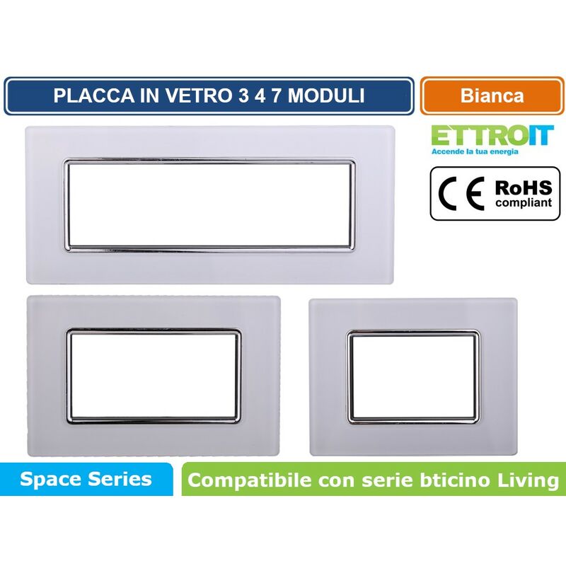foto del prodotto placca in vetro colore bianco compatibile con serie bticino living 3 4 7 moduli ettroit ln84 numero moduli 7 moduli