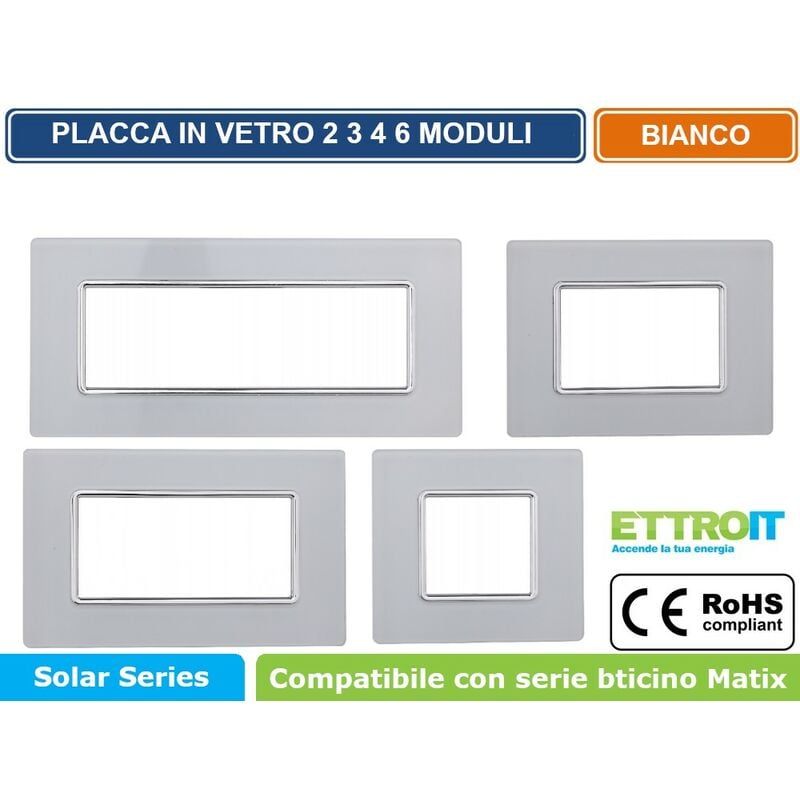 foto del prodotto placca in vetro colore bianco compatibile con serie bticino matix 2 3 4 6 moduli ettroit numero moduli 4 moduli