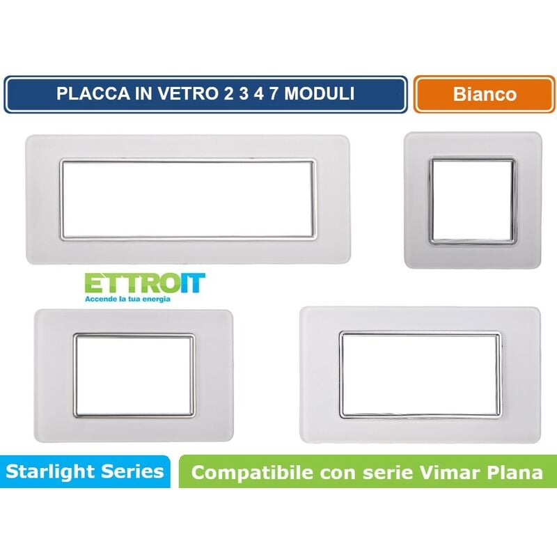 foto del prodotto placca in vetro colore bianco compatibile con serie vimar plana 2 3 4 7 moduli ettroit numero moduli 4 moduli