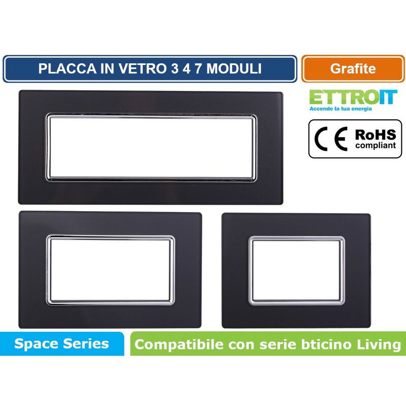 foto del prodotto placca in vetro colore grafite compatibile con serie bticino living 3 4 7 moduli ettroit ln84 numero moduli 4 moduli