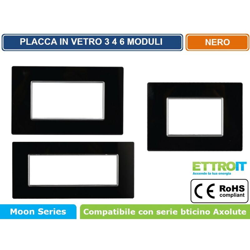 foto del prodotto placca in vetro colore nero compatibile con serie bticino axolute 3 4 6 moduli ettroit an84 numero moduli 4 moduli