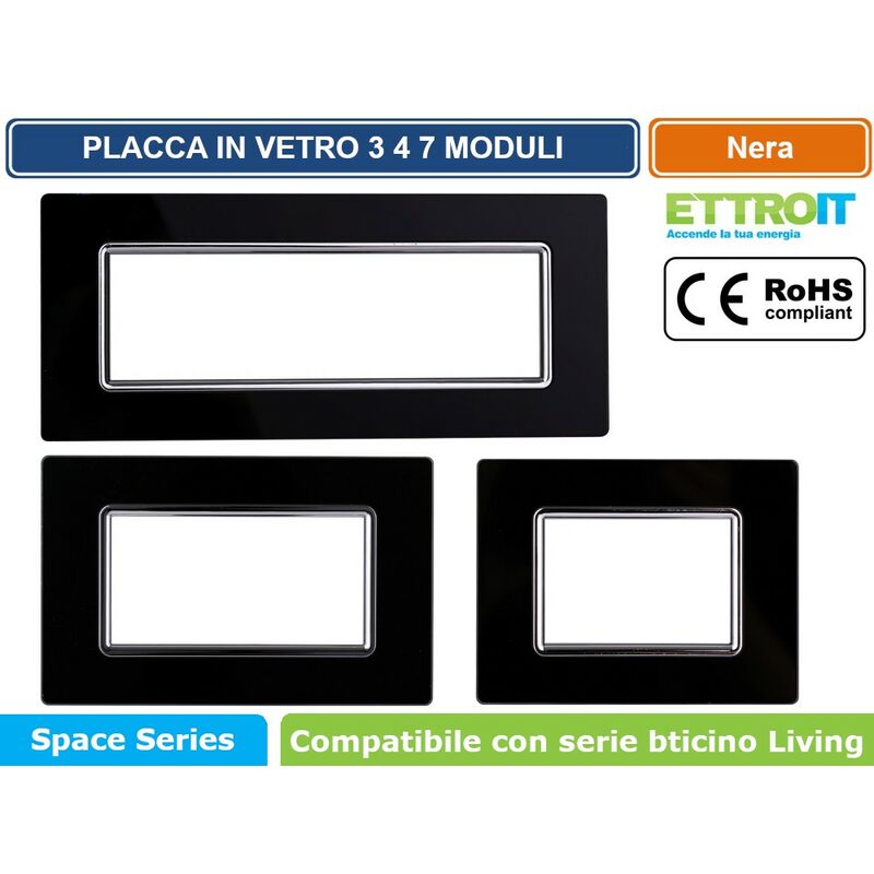 foto del prodotto placca in vetro colore nero compatibile con serie bticino living 3 4 7 moduli ettroit ln84 numero moduli 7 moduli