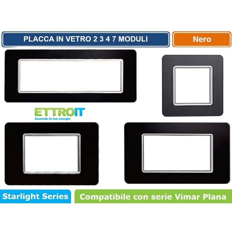 foto del prodotto placca in vetro colore nero compatibile con serie vimar plana 2 3 4 7 moduli ettroit numero moduli 4 moduli