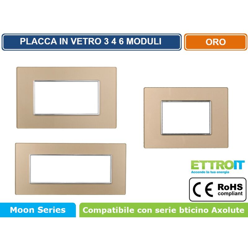 foto del prodotto placca in vetro colore oro compatibile con serie bticino axolute 3 4 6 moduli ettroit an84 numero moduli 4 moduli