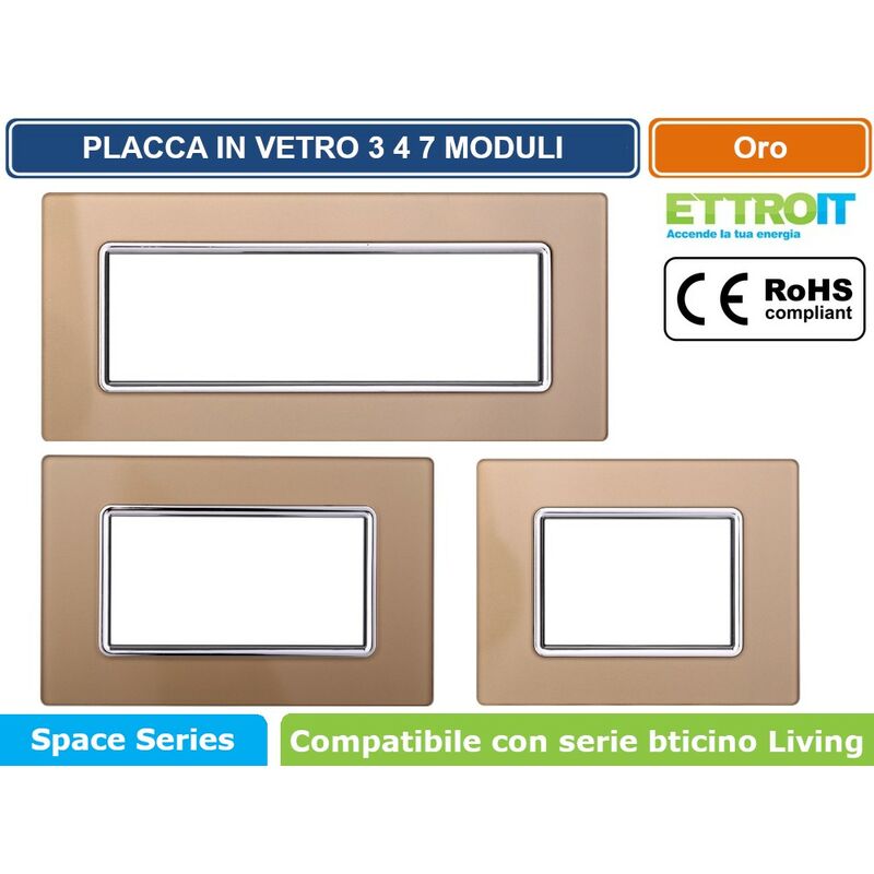 foto del prodotto placca in vetro colore oro compatibile con serie bticino living 3 - 4 - 7 moduli ettroit ln84 - numero moduli: 4 moduli