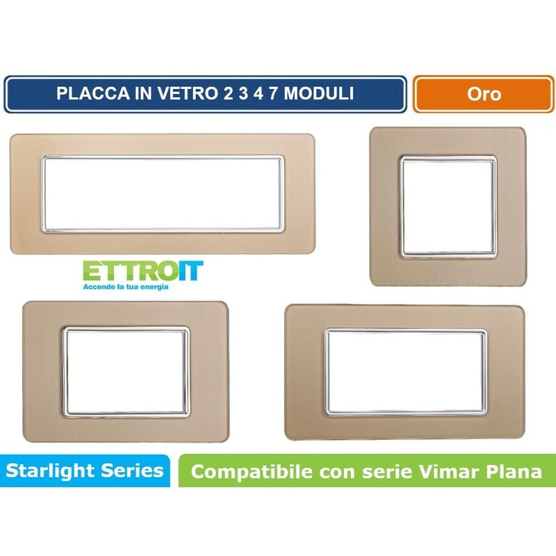 foto del prodotto placca in vetro colore oro compatibile con serie vimar plana 2 3 4 7 moduli ettroit numero moduli 7 moduli