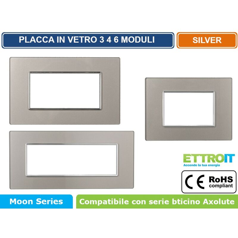 foto del prodotto placca in vetro colore silver compatibile con serie bticino axolute 3 4 6 moduli ettroit an84 numero moduli 6 moduli